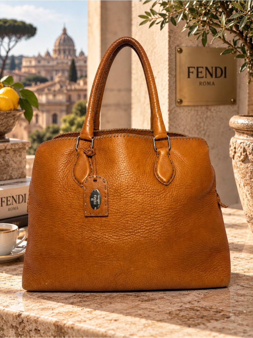 Vintage Fendi Selleria Pebbled Leather Satchel – Cognac Brown
